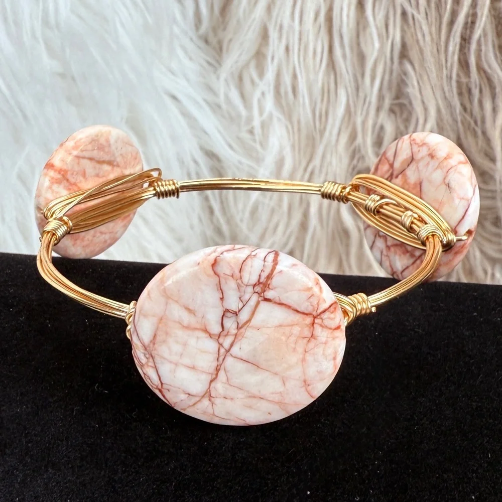 Wired wrapped goldtone, three stone bangle bracelet